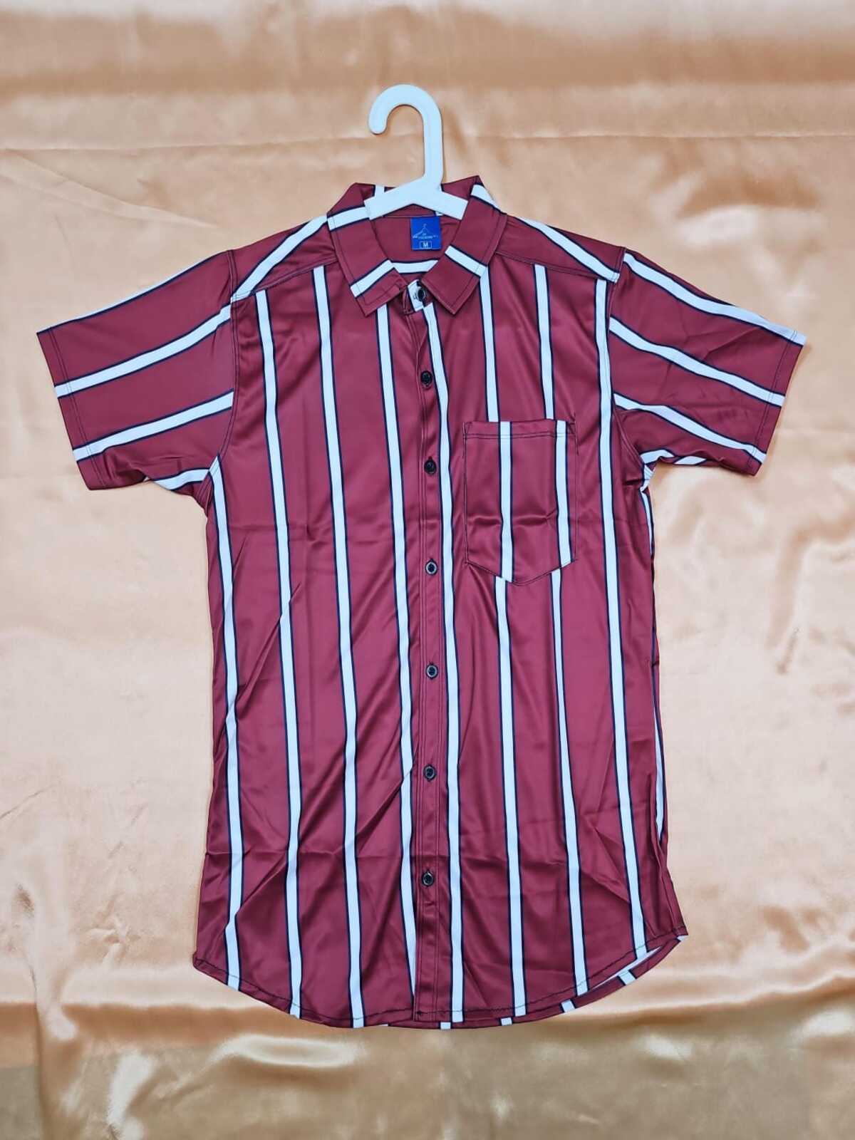 Men's Shirt - Vertical-Striped Casual Shirt (Maroon)