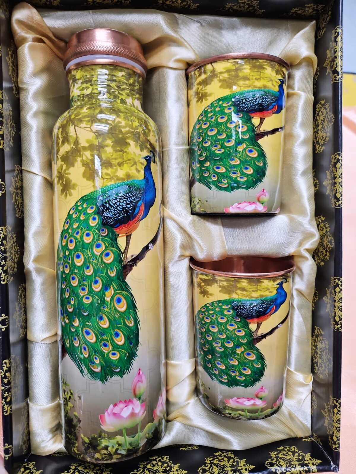 Beautiful Pure Copper Water Bottle 1 Litre Leakproof Peacock Set (3 in 1)