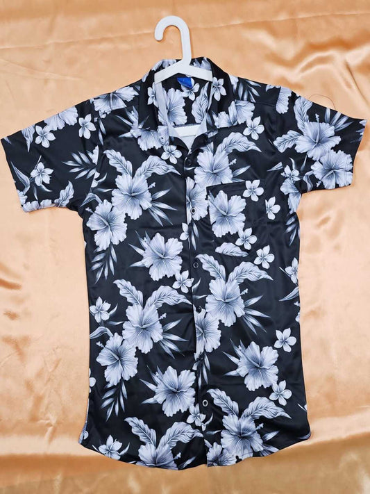Men's Shirt - Hawaii Printed Floral Shirt (Black & White)