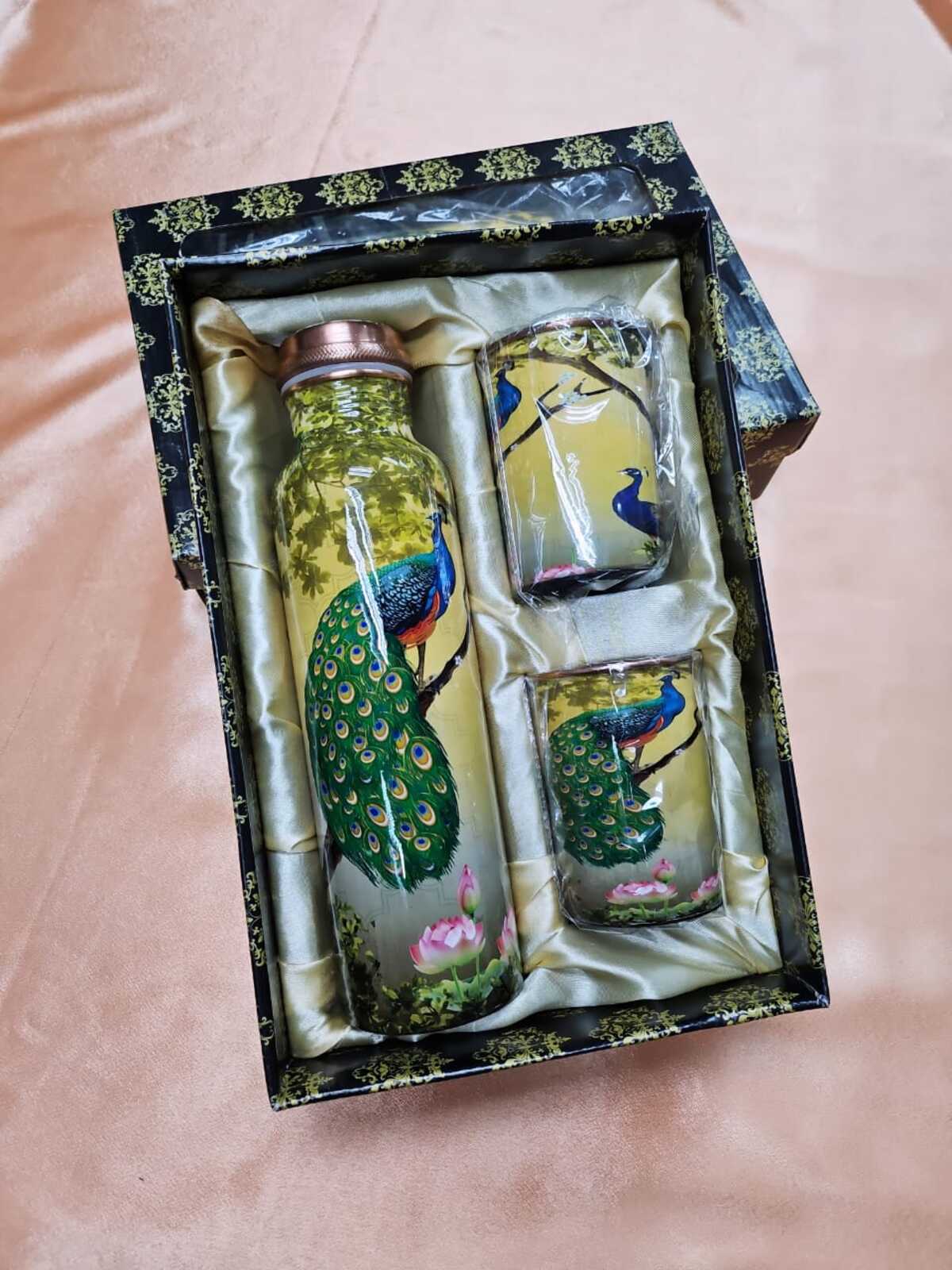 Beautiful Pure Copper Water Bottle 1 Litre Leakproof Peacock Set (3 in 1)