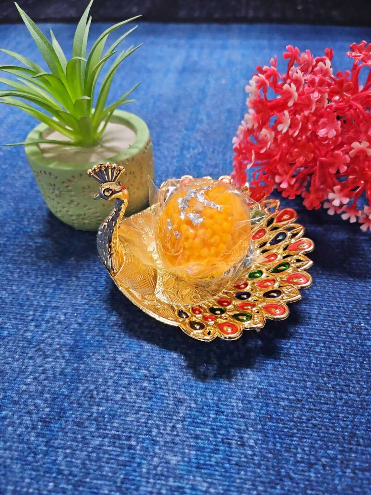 Fragrance Candle - Laddu With Peacock Tray (Indian Sweet)