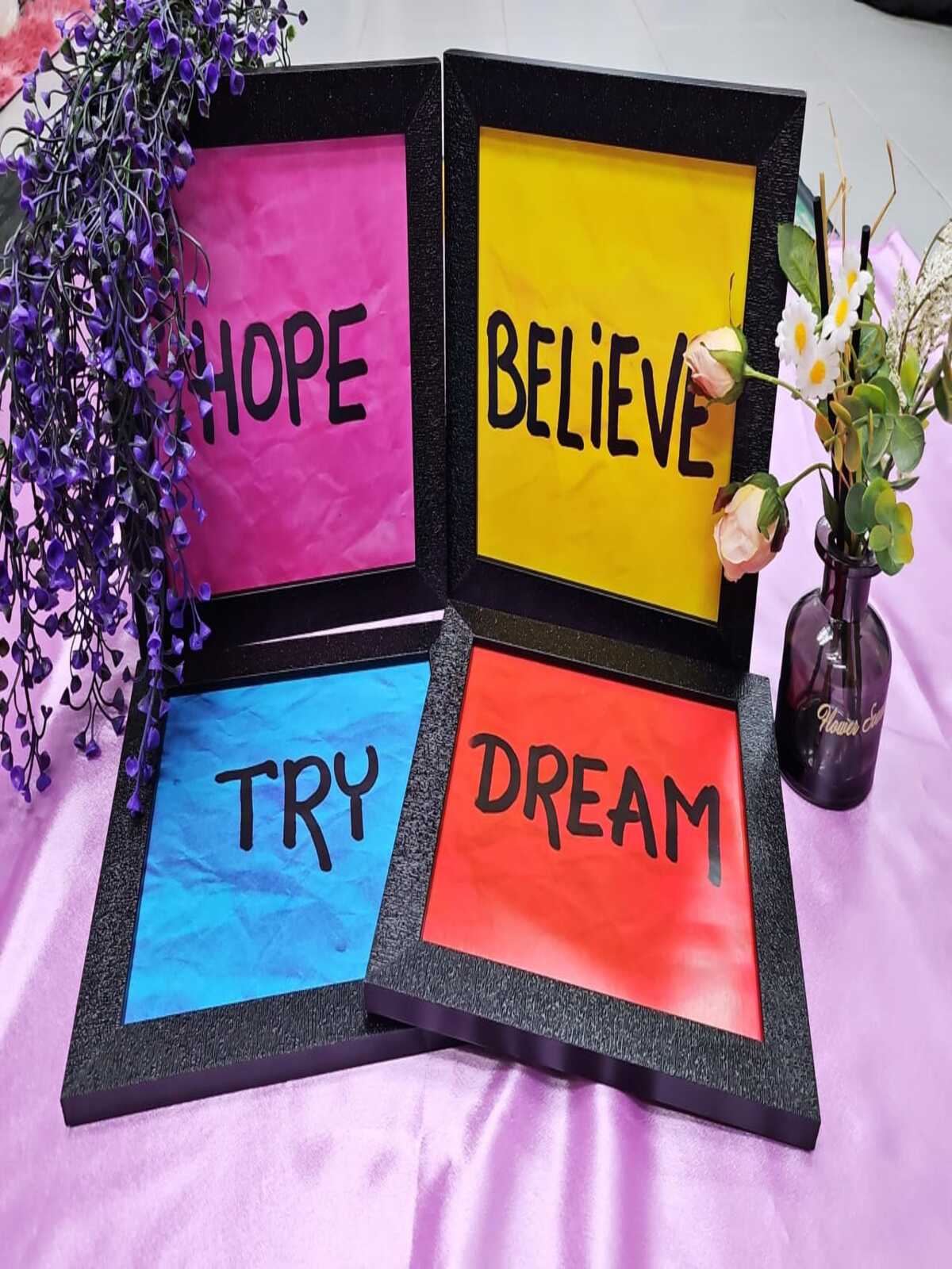 Motivational Wall Frame (4 in 1) – 1 Set (Random Colours & Words) - Multicolor